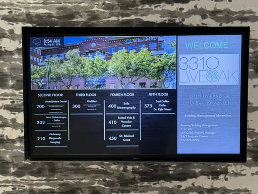 Lobby directory screen showing Texas Orthobiologics in Suite 202